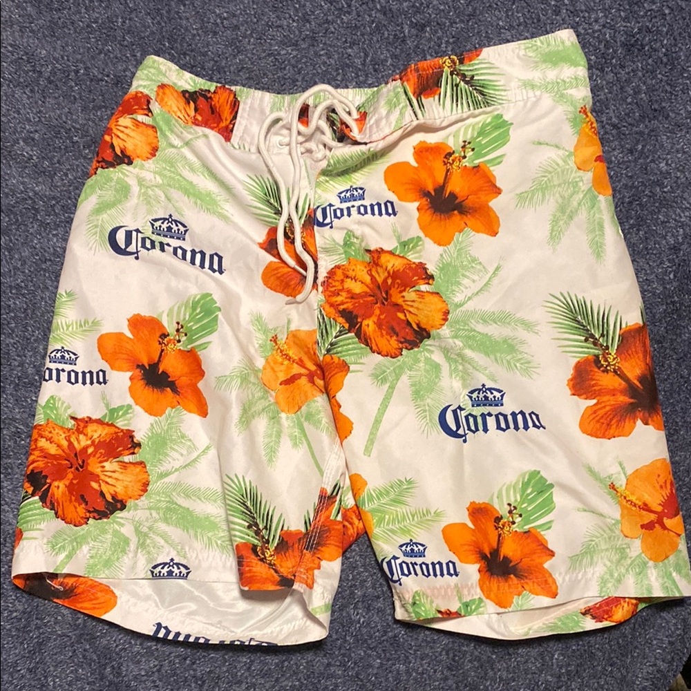 Corona Men's Floral Swim Shorts - Orange and Green